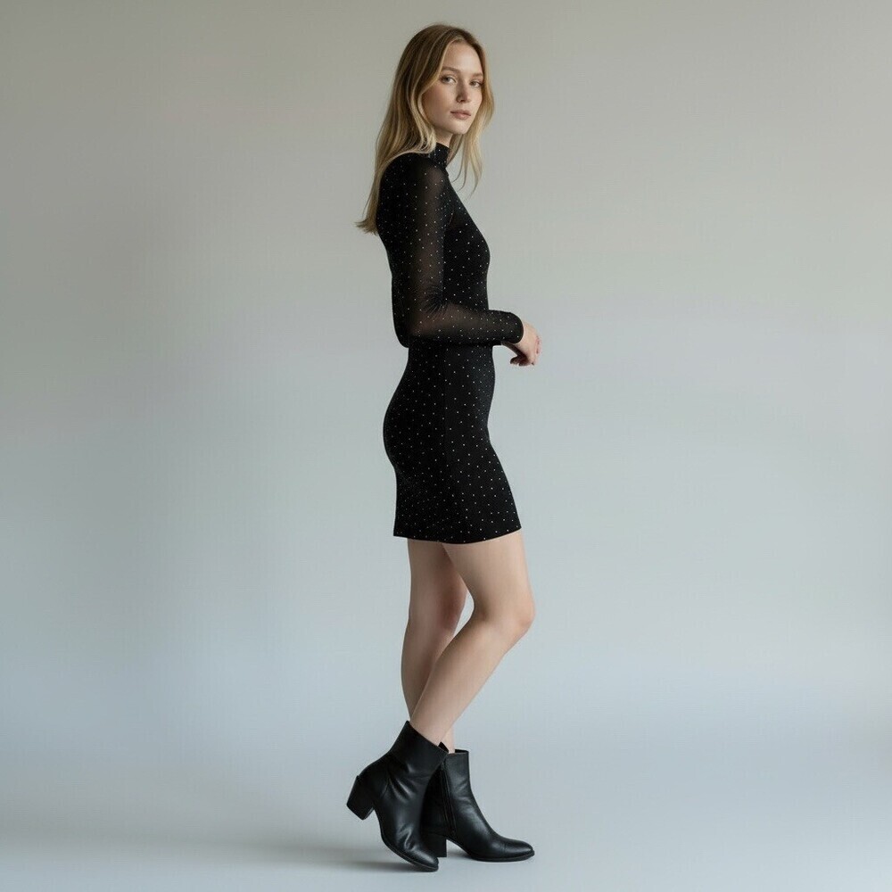 Audrey Parks Black Sheer Rhinestone Studded Bodycon Mini Dress Womens S - Picture 2 of 9